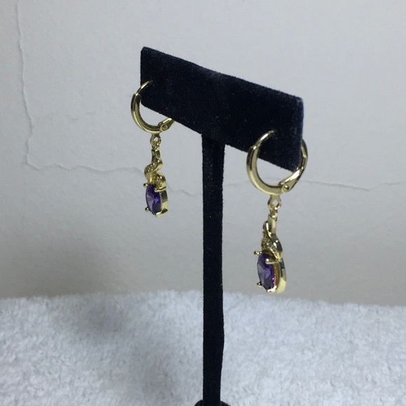 Costume Dangling Earrings with Purple and Clear Rhinestones in Goldtone - Picture 3 of 5